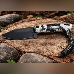 Black Blade Knife with Black & White Honeycomb Patterned Handle